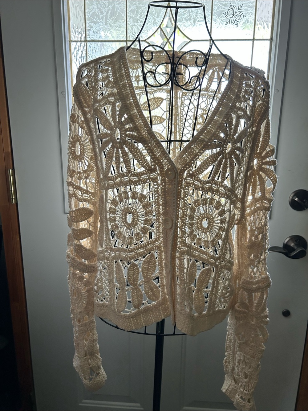Ultra Pink Crochet Openwork Cardigan in Creamy White Size Large